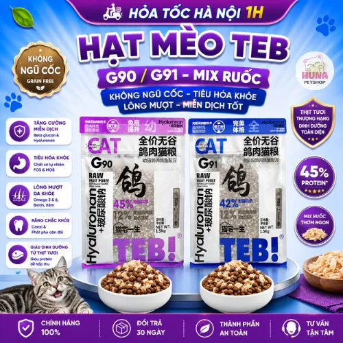 Hạt TEB G TEB G90, G91 Không Độn Ngũ Cốc Dành Cho Mèo - Túi 1.5kg - 96% Protein Mix Ruốc Chà Bông