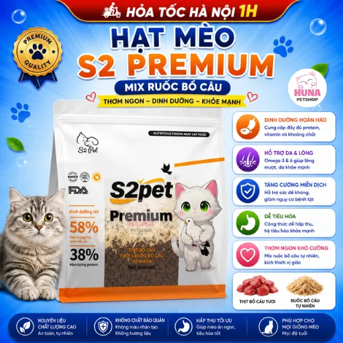 Hạt Mèo S2Pet Premium 38% Protein Ruốc Bồ Câu – Hạt Cao Cấp Lông Mượt, Tăng Đề Kháng 1KG/5KG