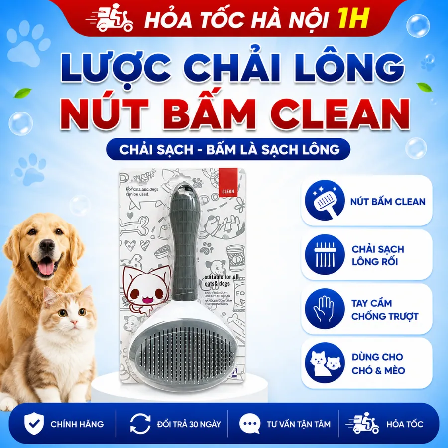 Lược chải lông CLEAN nguyên hộp chính hãng cho mèo chó có nút bấm lấy lông