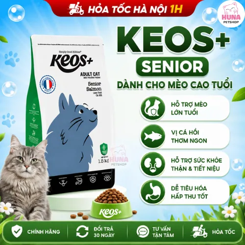 Thức ăn hạt cho mèo lớn tuổi Keos+ Adult Cat Senior vị Cá Hồi, hỗ trợ nhận thức, chống lão hóa