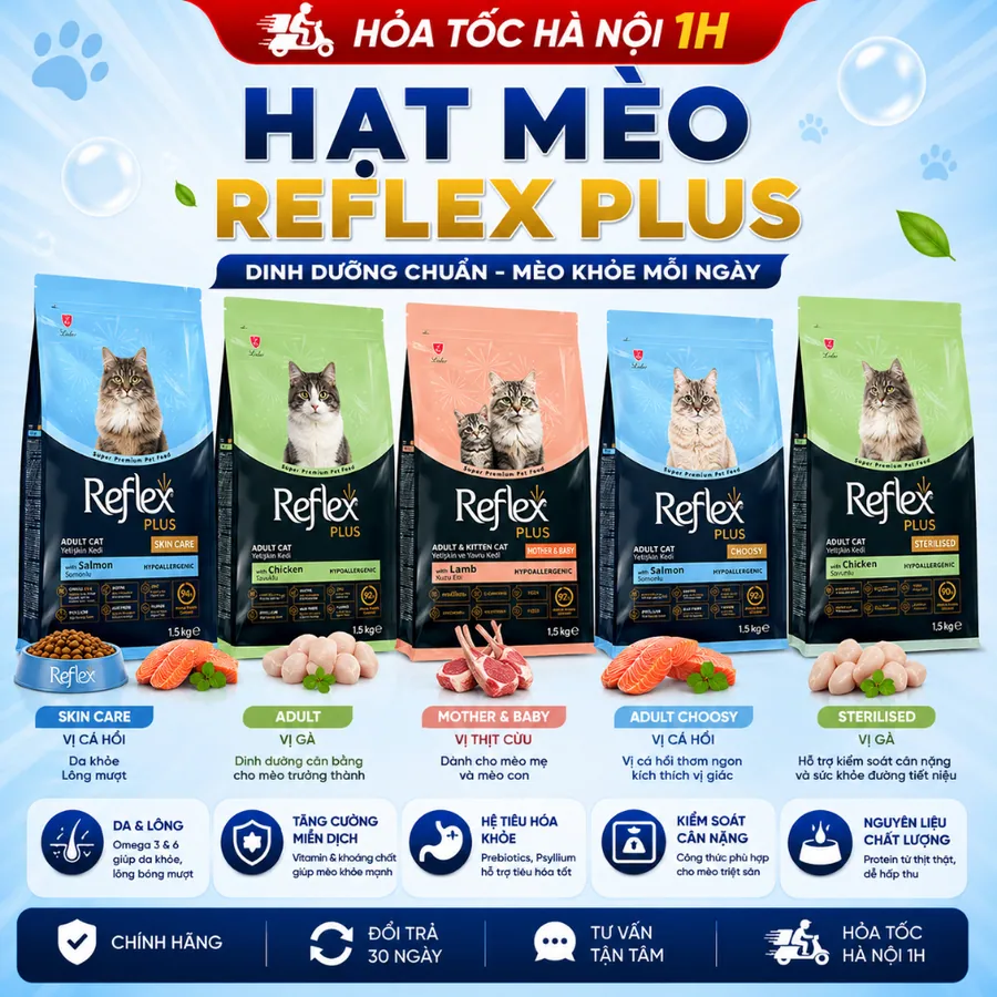 Hạt Cho Mèo Reflex Plus Cao Cấp - Protein Cá Hồi/Gà/Cừu - Hỗ Trợ Tiêu Hóa, Mèo Triệt Sản, Da Bóng Mượt - Túi 1.5kg