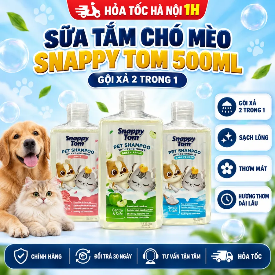 Sữa Tắm Chó Mèo Snappy Tom 500ml – Dầu Gội Xả 2 Trong 1 Sạch Lông, Thơm Mát Dài Lâu