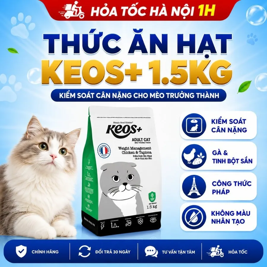 Hạt Mèo Keos+ Adult Weight Management Vị Gà & Tinh Bột Sắn 1.5kg – Kiểm Soát Cân Nặng