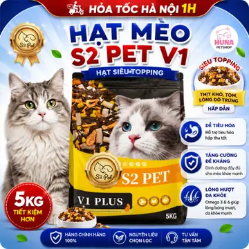 Hạt Cho Mèo S2 PET V1 – Đạm Cao 32%, Mix 50% Hạt + 50% Topping Thịt Sấy